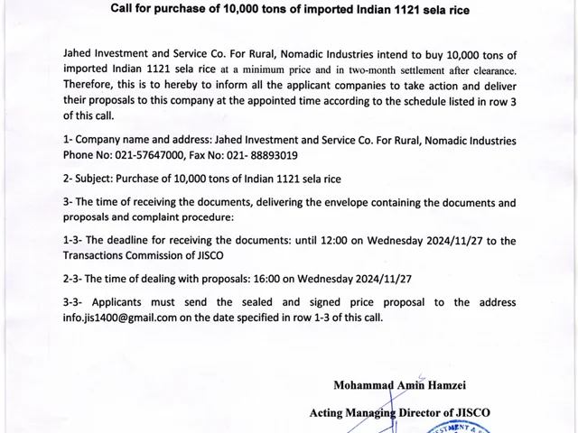 Call for purchase of 10,000 tons of imported Indian 1121 sela rice