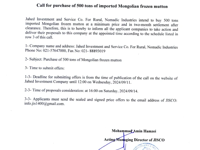 Call for purchase of 500 tons of imported Mongolian frozen mutton