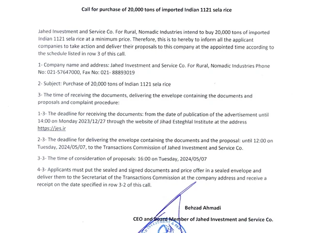 Call for purchase of 20,000 tons of imported Indian 1121 sela rice