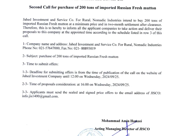 Second Call for purchase of 200 tons of imported Russian Fresh mutton